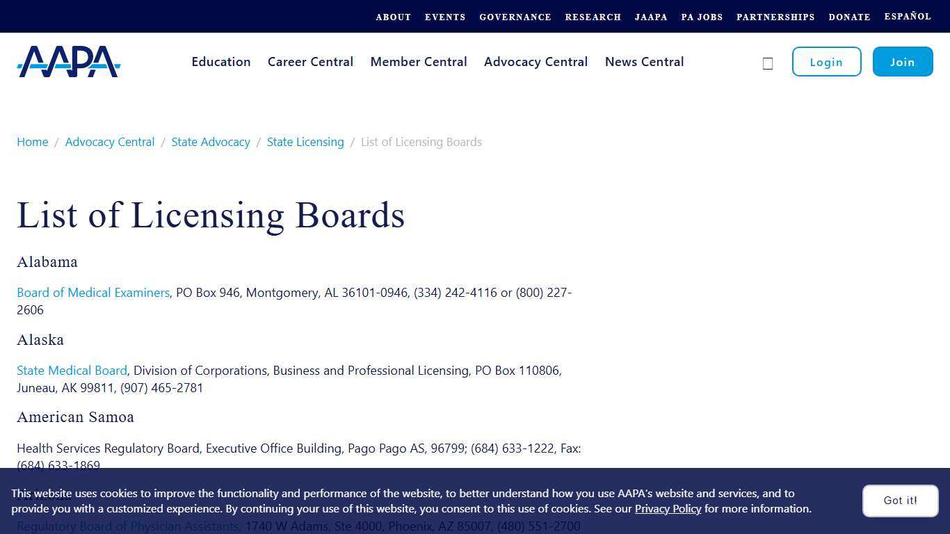 List of Licensing Boards - AAPA